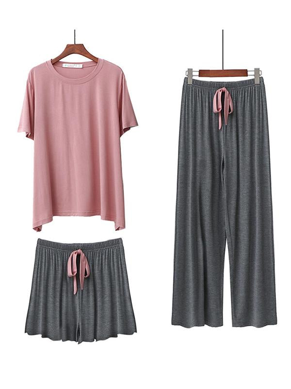 Three Pieces Comfortable Short Sleeve T-Shirt&Wide-Leg Shorts&Pants Pajama Suit