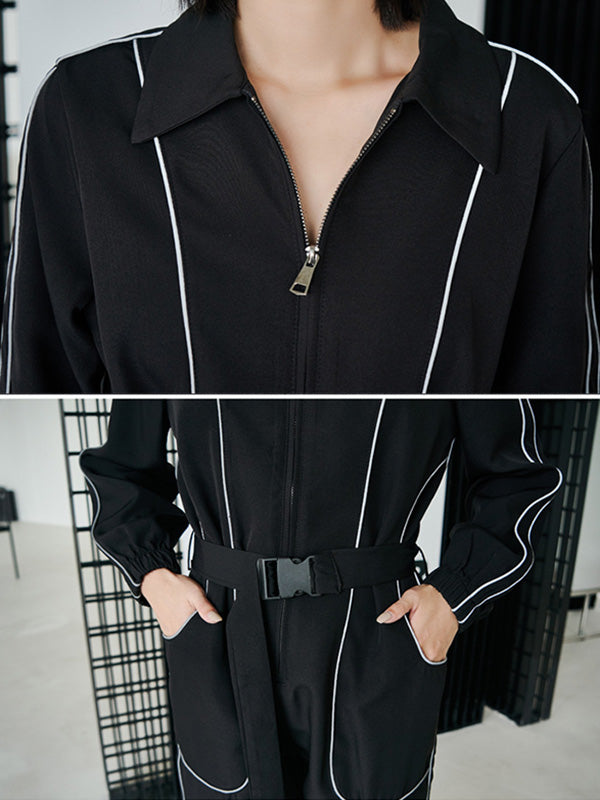 Cool Street Loose High-Waist Zipper Reflective Stripe Lapel Collar Long Sleeves Wide Leg Jumpsuits