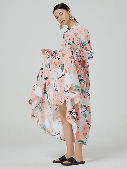Stylish Buttoned Printed Loose Long Sleeves Midi Dress