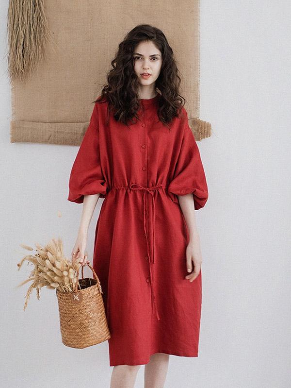 Ramie Cotton Strap Solid Midi Dresses