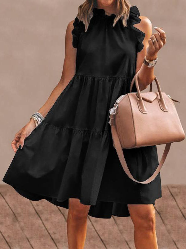 Stylish Solid Color Falbala Sleeveless Stand Collar Midi Dress