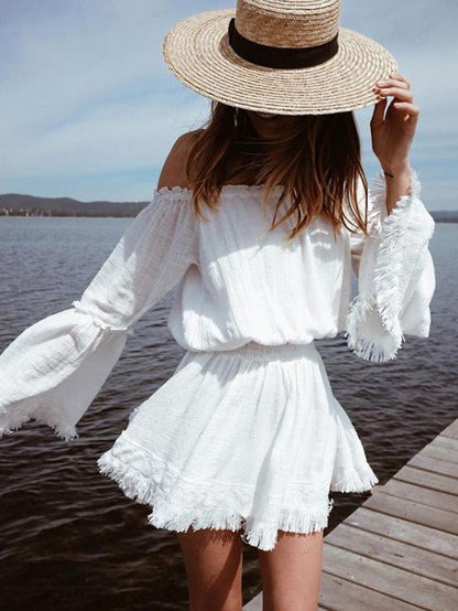 Off-the-shoulder Waisted Flared Sleeve Mini Dress
