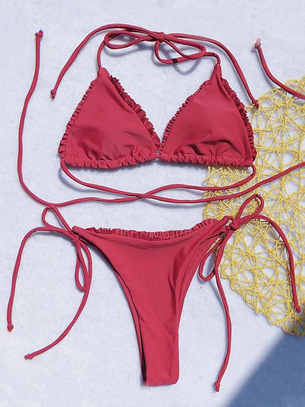 Solid Color  Triangle Ruffled Split Bikini Swimsuit