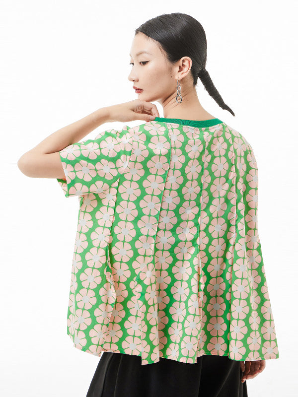 Original Loose Floral Printed Contrast Color Pleated T-Shirt Top
