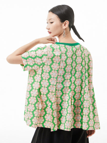 Original Loose Floral Printed Contrast Color Pleated T-Shirt Top