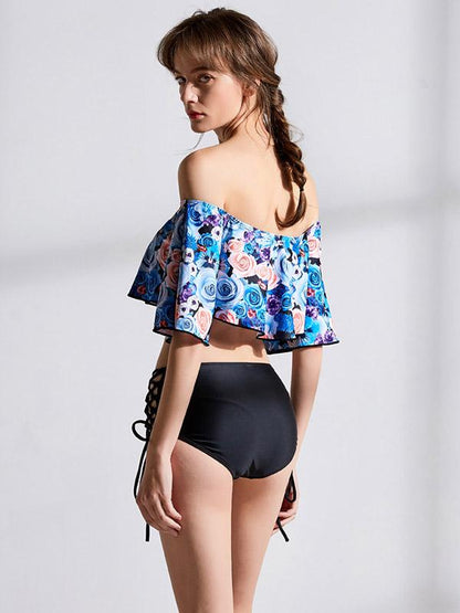 Off-the-shoulder Short Sleeves Printed Bikinis Swimwear