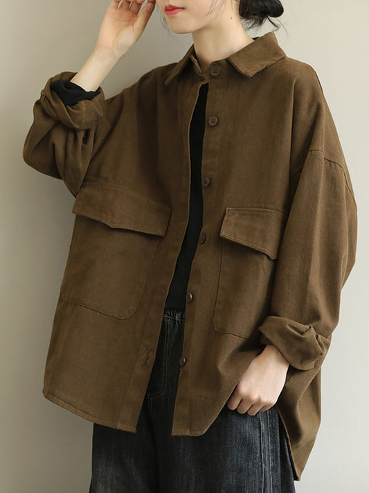 Simple Buttoned Solid Color Lapel Batwing Sleeve Outerwear