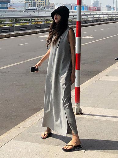 Gray Backless Sleeveless Split-side Long T-shirt Dress