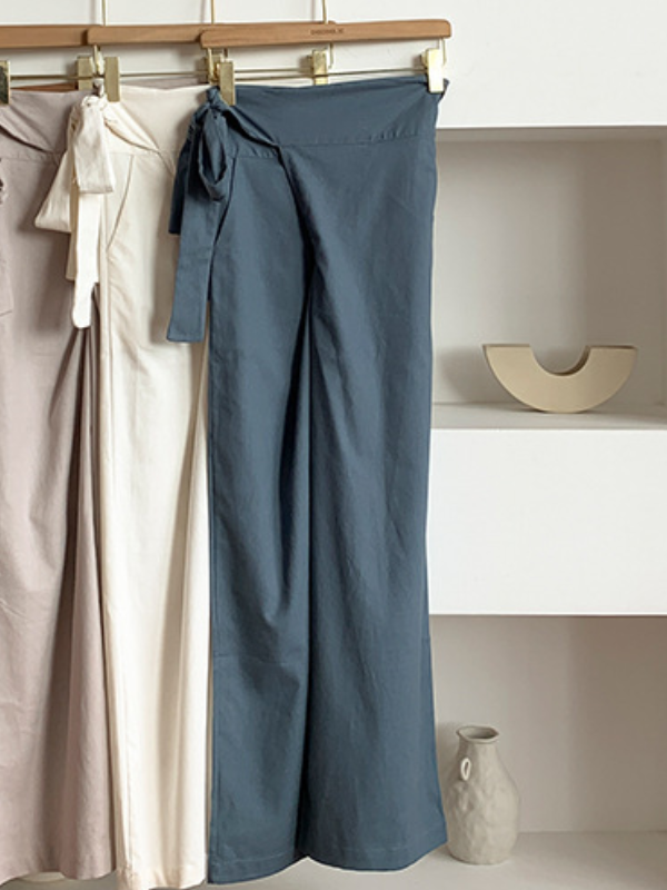 Simple 9 Colors Ramie Cotton Tied High-Waisted Pants