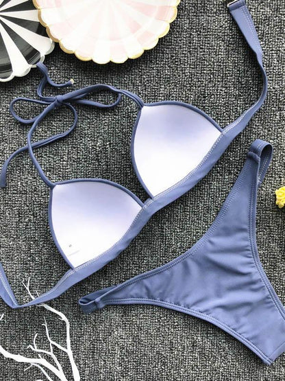Plain Halter Narrow Straps Cami Bikini Swimsuit
