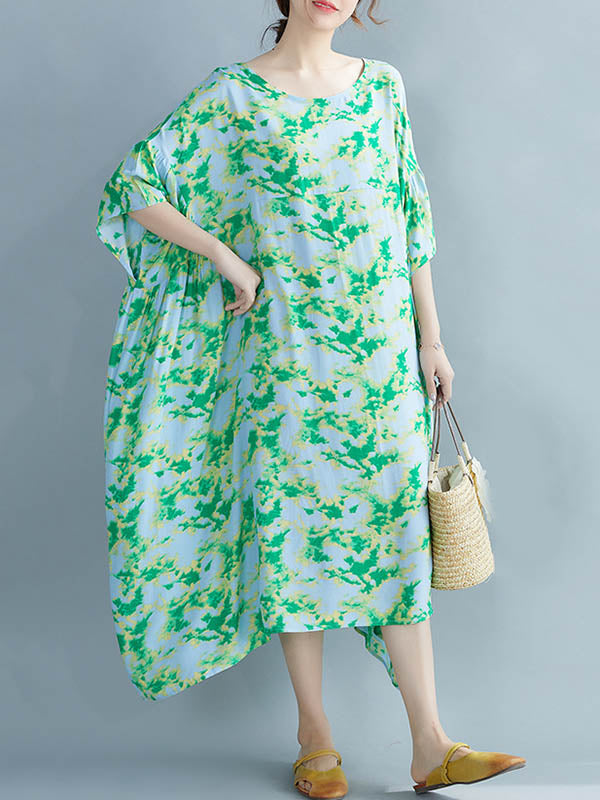 Stylish Printed Round-Neck Batwing Sleeve Midi Dress