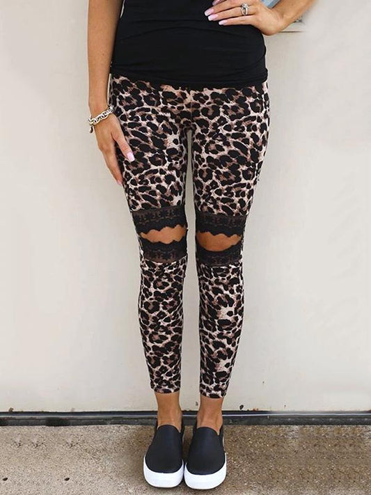 Fashion Leopard Lace Wrap Hole Pants