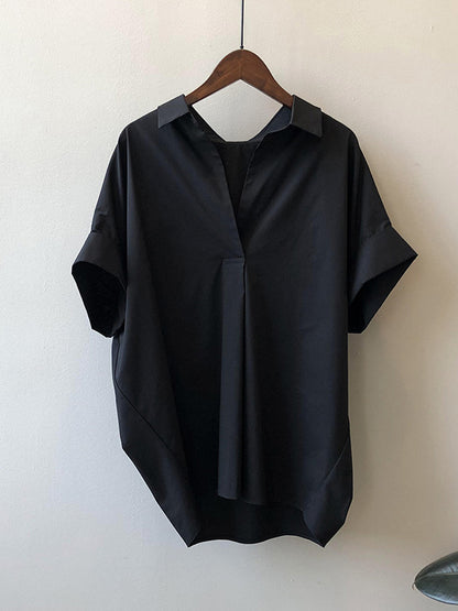Simple Urban Solid Color Pleated Lapel Collar Short Sleeves Blouse