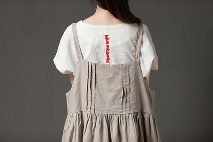 Beige Cotton Linen Loose Women Pleated Casual Dress