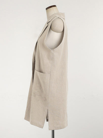 Simple Solid Color Split-Joint With Pocket Linen Notched Collar Vest Outwear