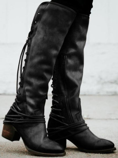 Chunky Tassels Bandage Knee High Boots