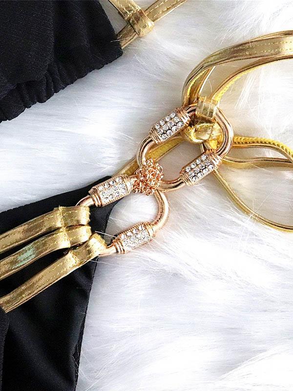 Solid Color Bandage Split Bikini Swimsuit