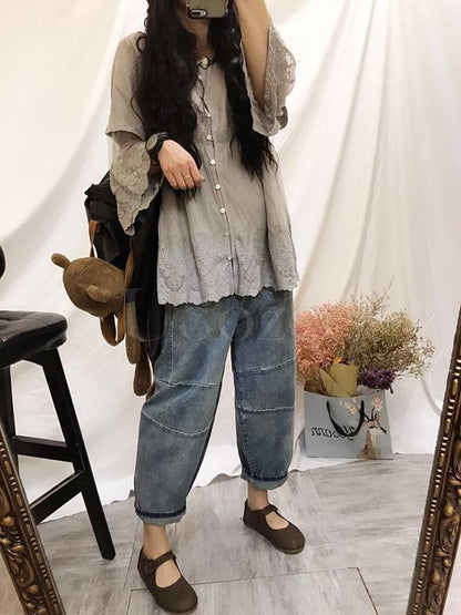 Retro Lace Embroidered Gauze Sleeves Shirt