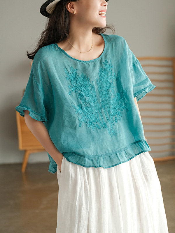 Ramie Cotton Embroidered Round-Neck T-Shirts Tops
