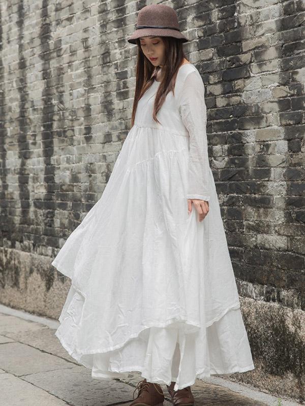 Cotton Solid Split-joint Ramie Cotton Big Hemline Long Dress