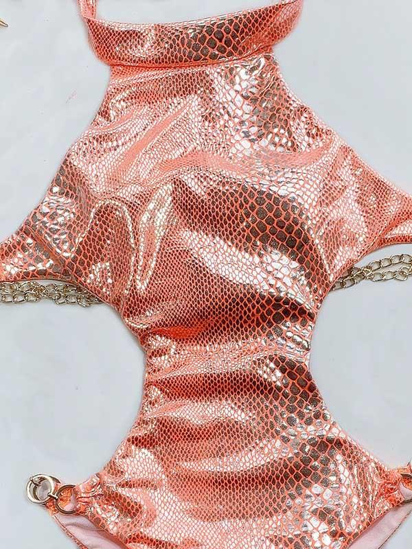 Stand Collar Snake-Print Backless One-Piece Swimwear