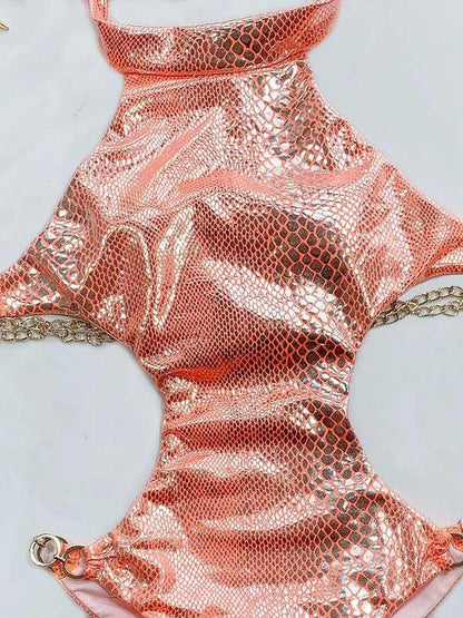 Stand Collar Snake-Print Backless One-Piece Swimwear