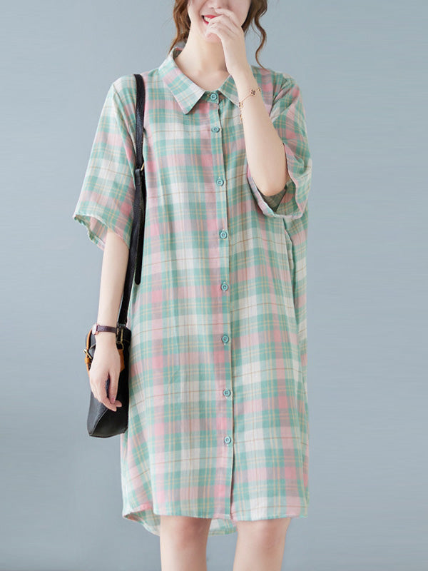 Urban Plaid Half Sleeve Lapel Shirt Dress