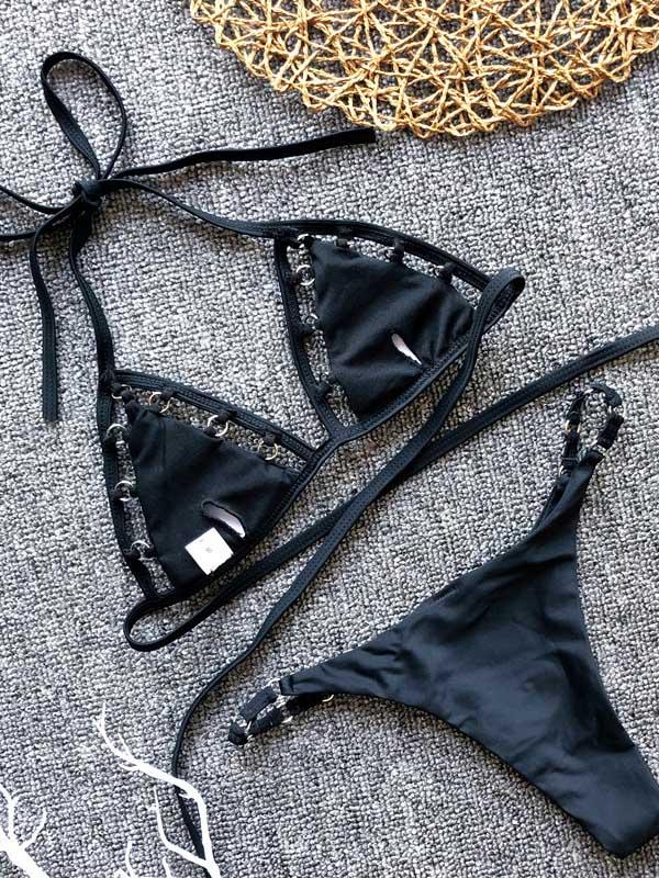 Black Hollow Lace Up Bikini Set