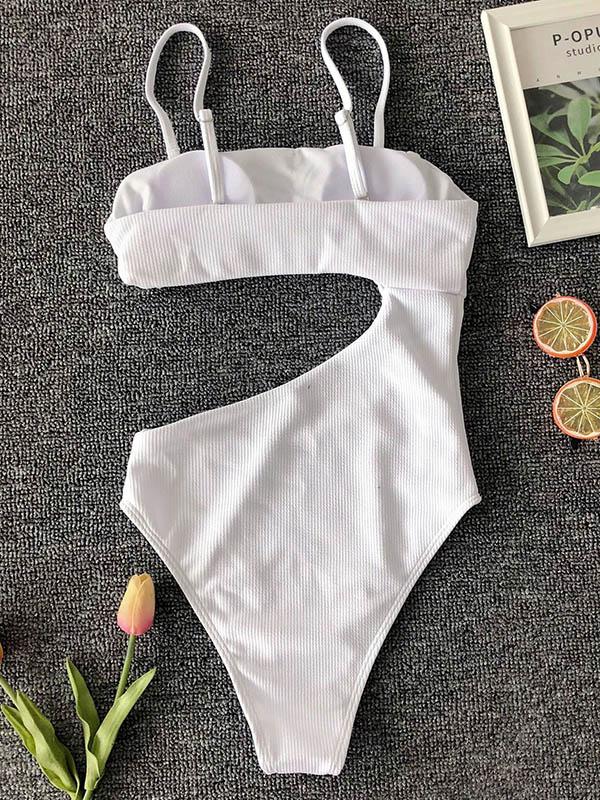 Solid Color Asymmetric Hollow One-Piece Swimwear