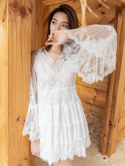 High Waist Loose Vacation Lace Mini Dress