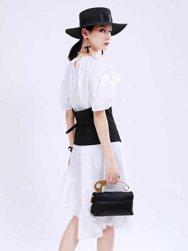 Original Irregular Solid Color Split-Joint Falbala Round-Neck Short Sleeves Midi Dress