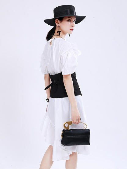 Original Irregular Solid Color Split-Joint Falbala Round-Neck Short Sleeves Midi Dress