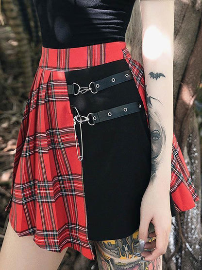 Punk A-Line  Contrast Color Plaid Split-Joint Skirts Bottoms