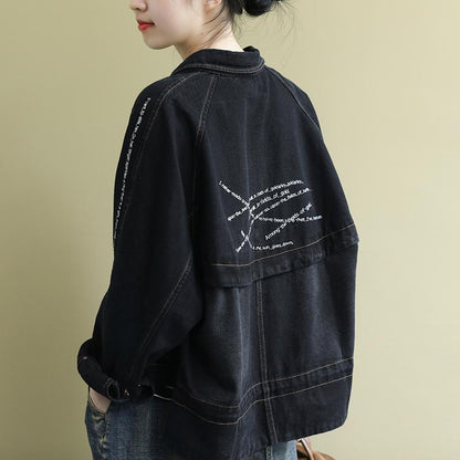 Buykud Casual Turn-down Collar Embroidered Letters Denim Coat