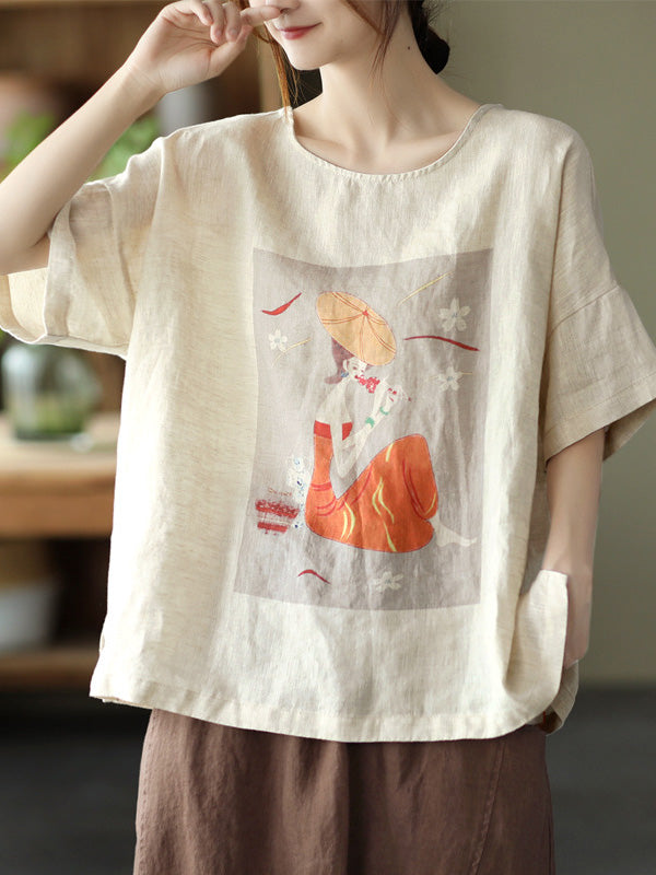 Ramie Cotton Printing Round-Neck T-Shirts Tops