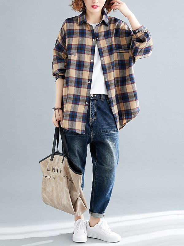 Artistic Retro Plaid Buttoned Lapel Collar Long Sleeves Blouse