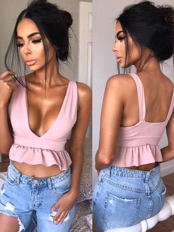 Solid V-neck Sleeveless Falbala Tank