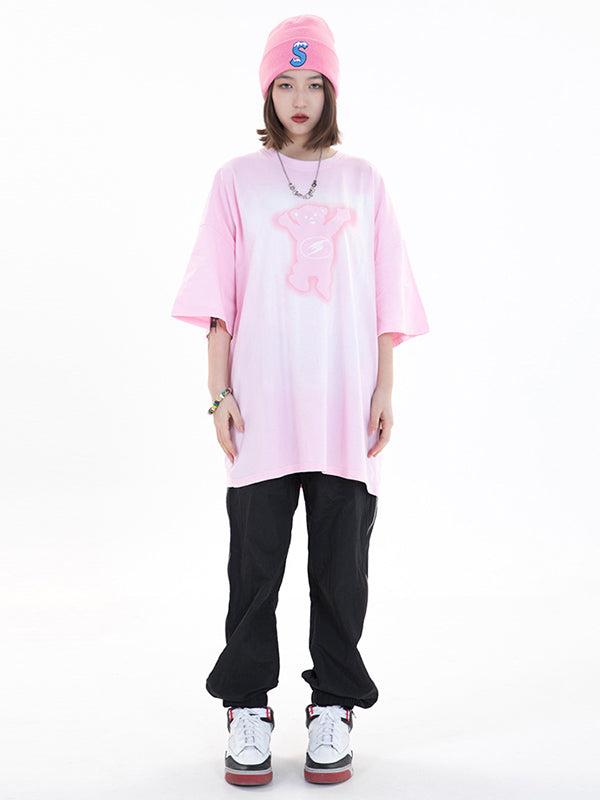 Vintage Round-Neck Bear Print Loose T-Shirts Tops