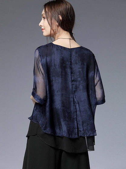 Artistic Retro Mulberry Silk Loose Printed Round-Neck Half Sleeves T-Shirt Tops
