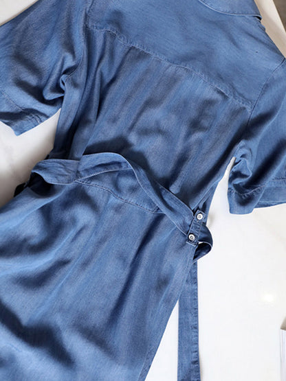 Urban Denim Blue Belted Lapel Short Sleeves Oversize Midi Dress