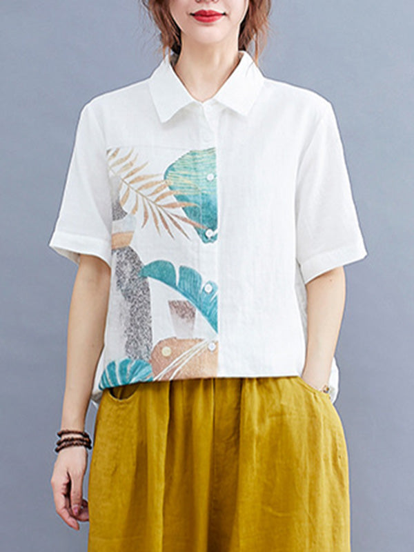 Original Leaves Printing Lapel Blouse