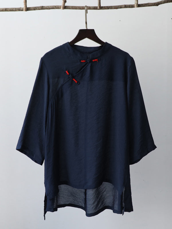 Vintage Tencel Buttoned Stand Collar High-Low Half Sleeves T-Shirt