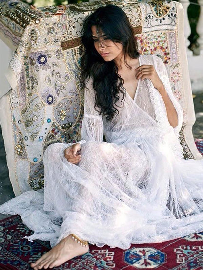 See-through Flared Sleeves V-back Maxi Dress