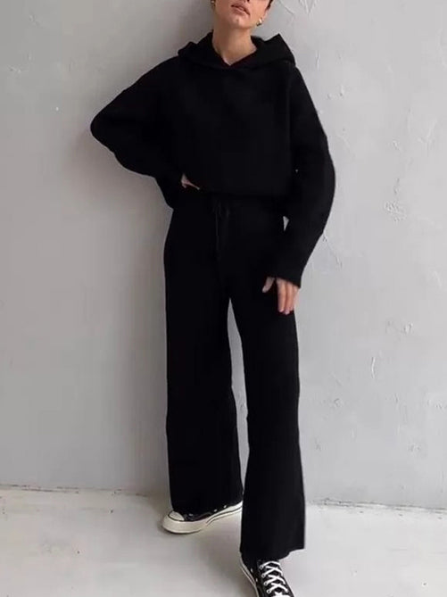 Simple Casual Solid Color Knitted Hoodies+Knitted Elasticity Wide Leg Pants 2 Pieces Set
