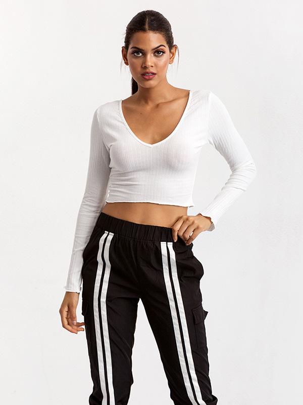 Solid Bare Midriff Off-the-shoulder Tee