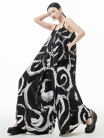 Stylish Loose Black Printed Spaghetti-Neck Wide Leg Jumpsuits