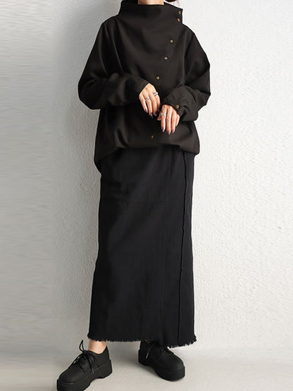 Loose Casual Solid Color Buttoned High-Neck Long Sleeves Blouse