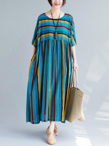 Loose Retro Striped Round-neck Long Dress
