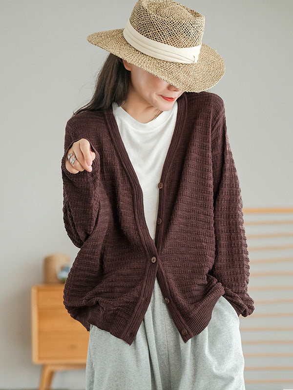 Casual Solid Color Buttoned V-Neck Long Sleeves Jacquard Knitted Cardigan