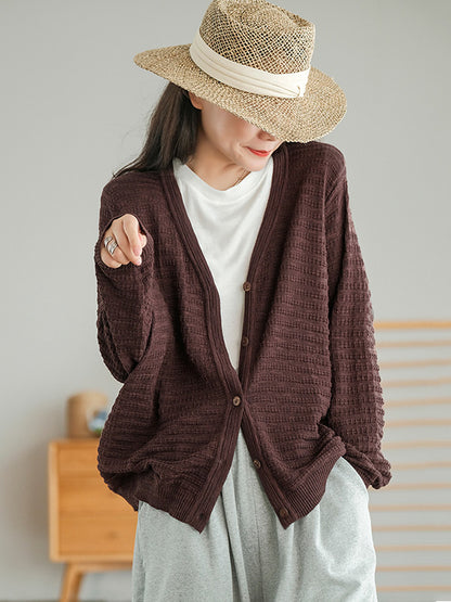 Casual Solid Color Buttoned V-Neck Long Sleeves Jacquard Knitted Cardigan